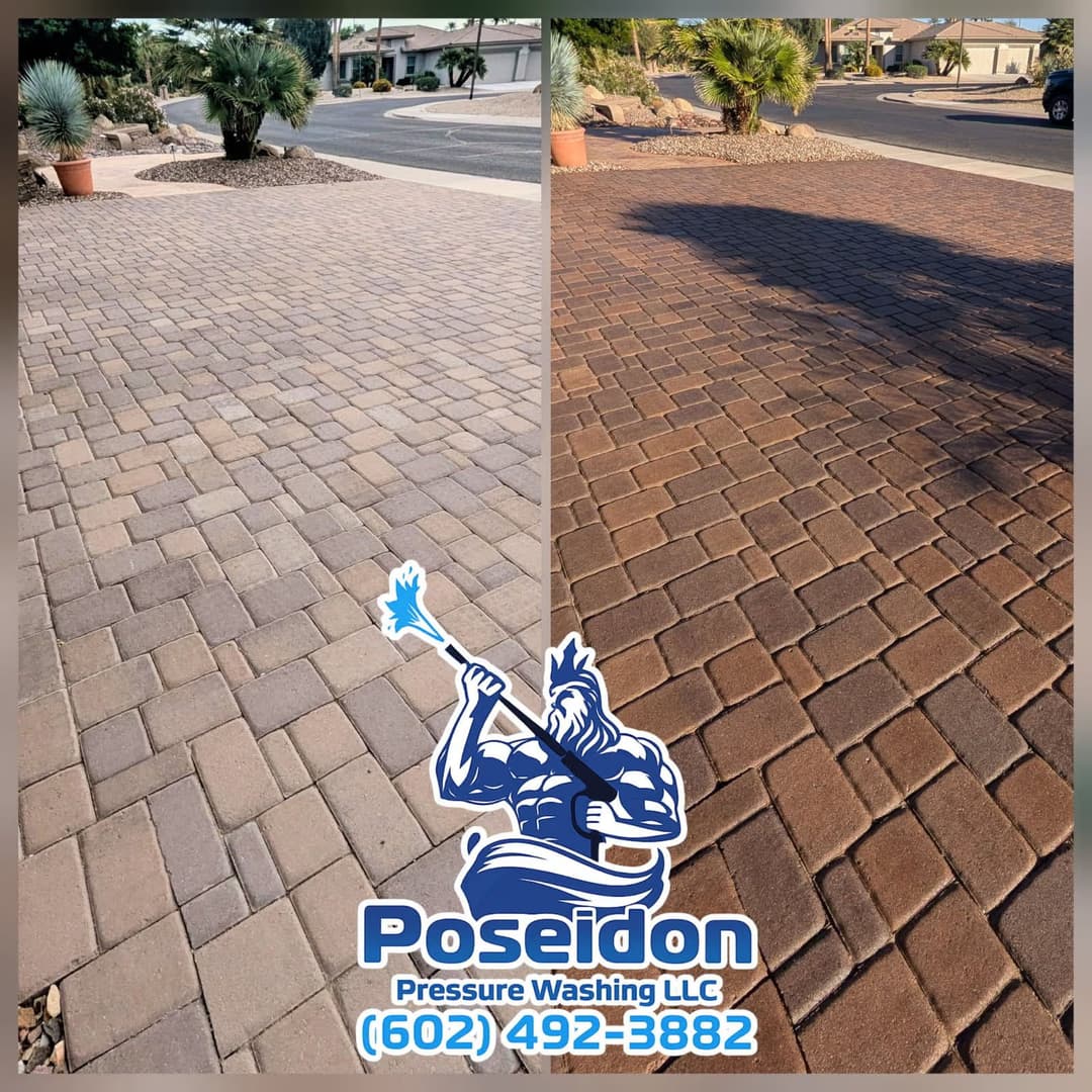 Before and after of pressure washed paver stones showcasing improved cleanliness and appearance.
