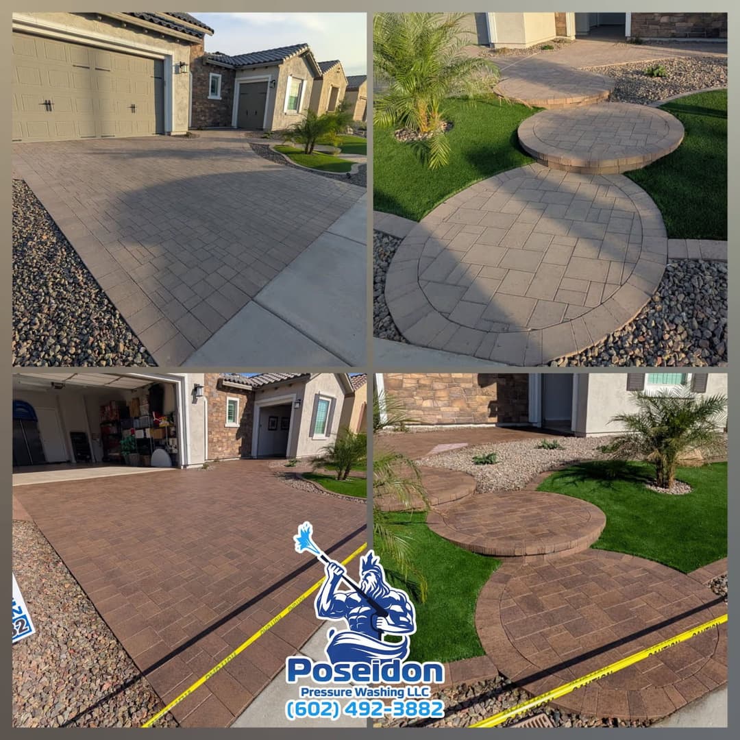 Paver driveway and pathway with landscaping, completed by Poseidon Pressure Washing LLC.