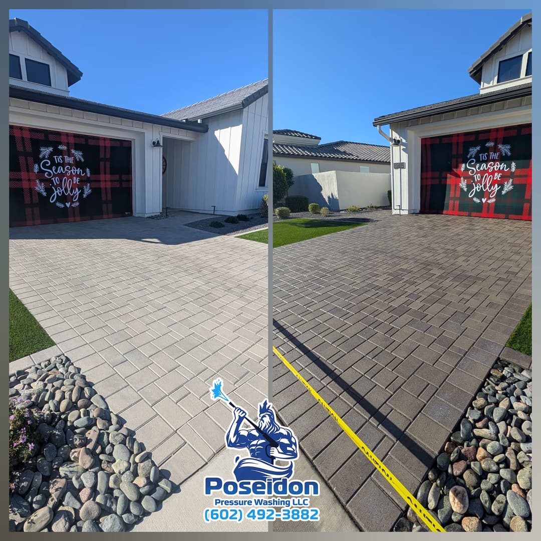 Before and after pressure washing service by Poseidon Pressure Washing, showcasing a clean driveway.