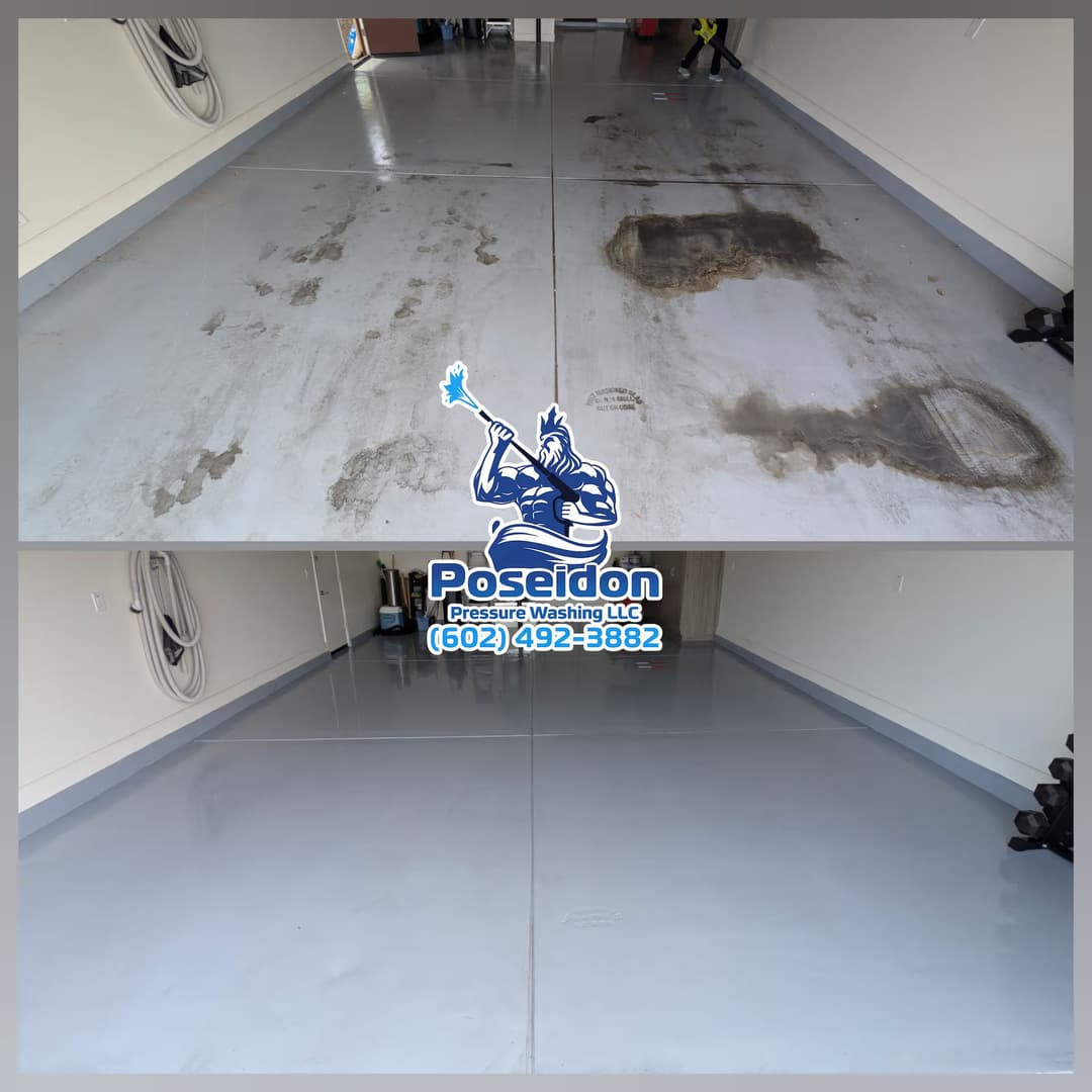 Before and after pressure washing garage floor showcasing deep cleaning results by Poseidon.