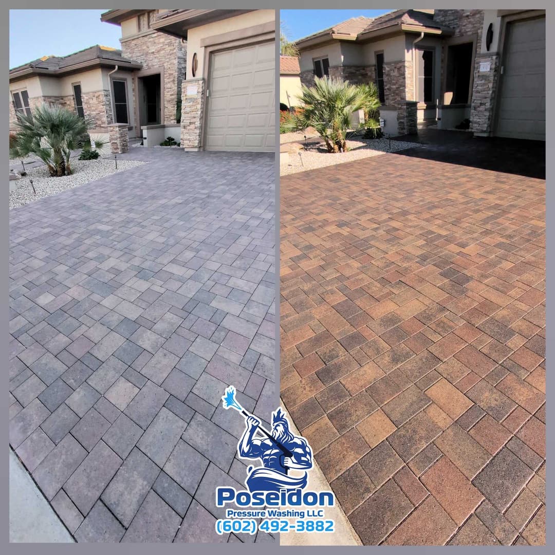 Before and after driveway cleaning by Poseidon Pressure Washing, showcasing restored paver appearance.