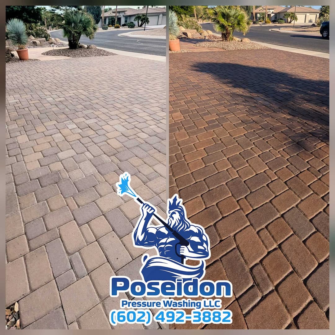 Before and after comparison of pressure washed paver driveway by Poseidon Pressure Washing LLC.