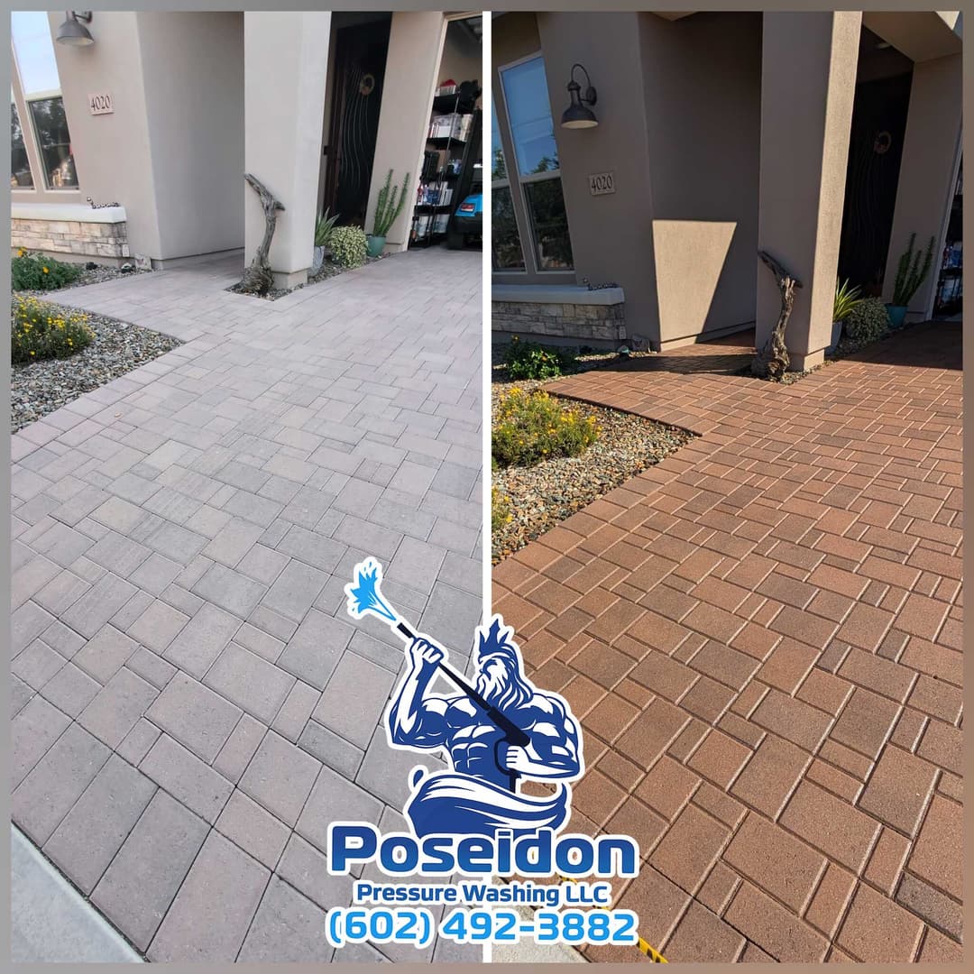 Before and after image of a pressure washed driveway by Poseidon Pressure Washing LLC.