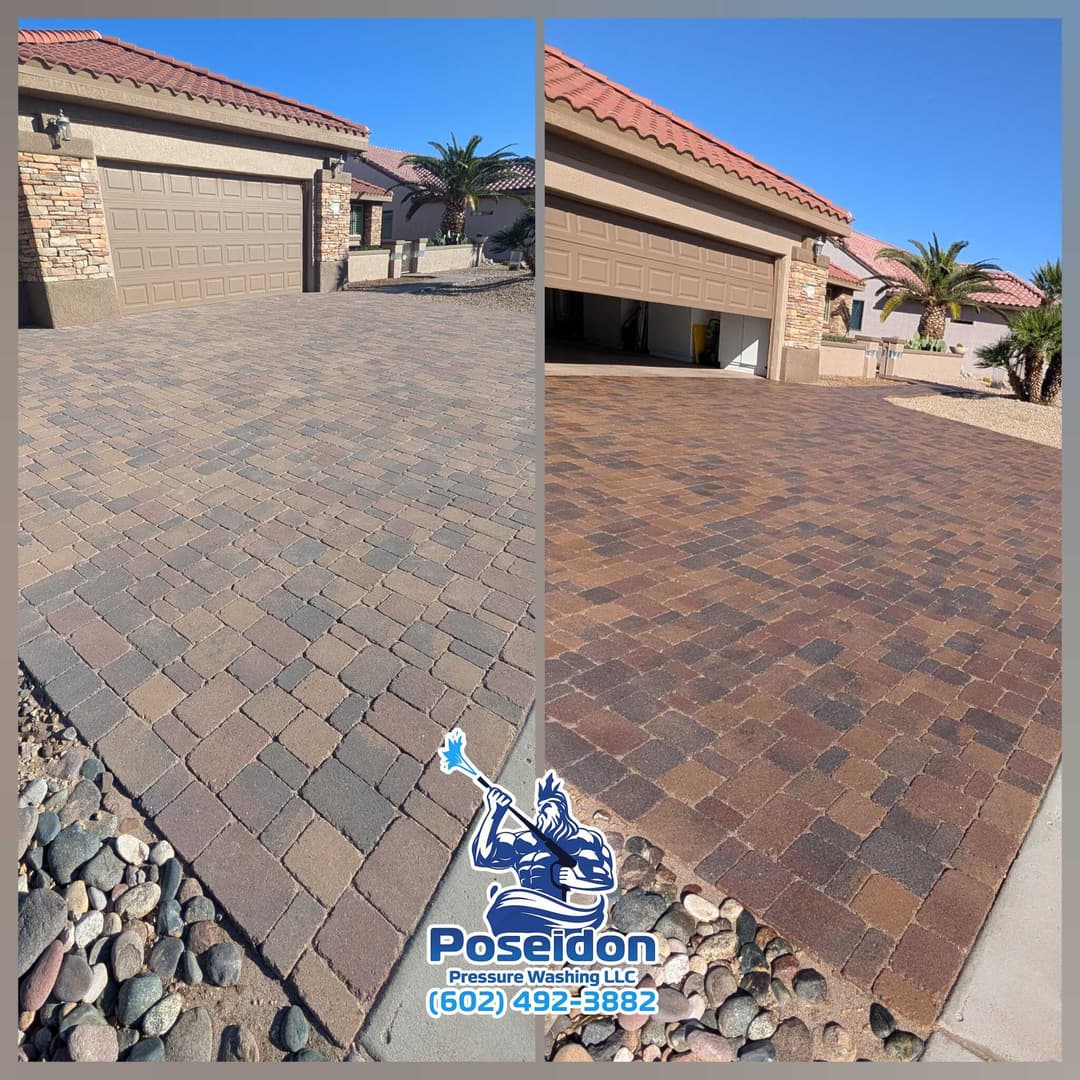Before and after of paver stone cleaning, showcasing improved appearance and restoration.