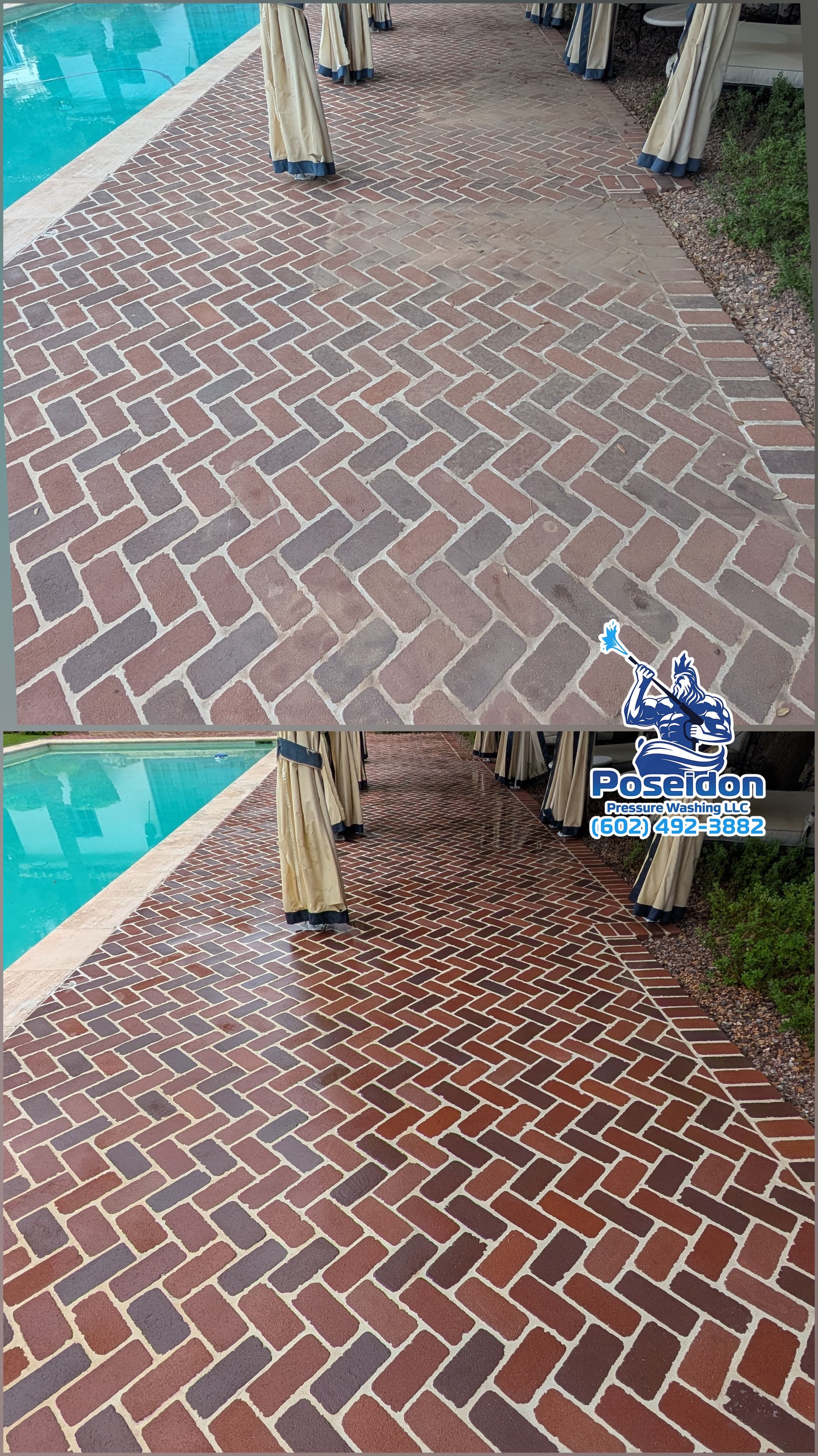 Poolside Brick Pavers Go From Dull to Deep Red With Just a Cleaning image