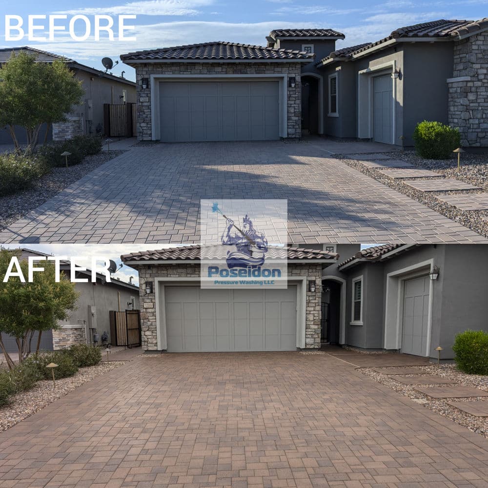 Before and after image showing a cleaned and restored driveway by Poseidon Power Washing.
