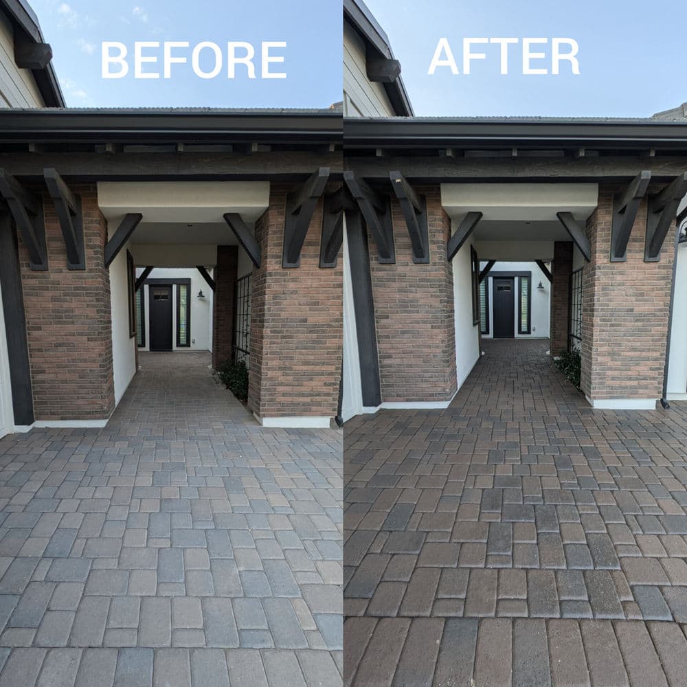 Before and after transformation of a home's entrance with new paver stones. Renovation showcase.
