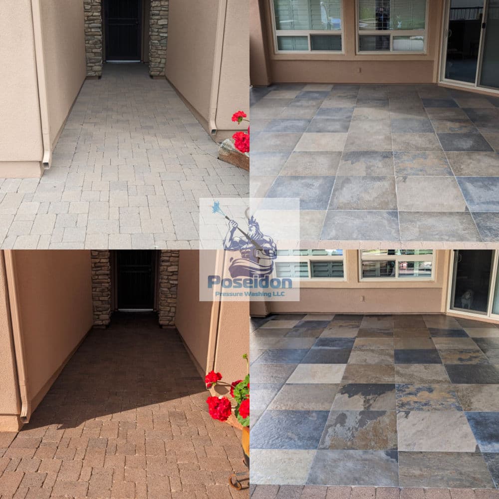 Before and after images of clean paver and stone surfaces showcasing pressure washing results.