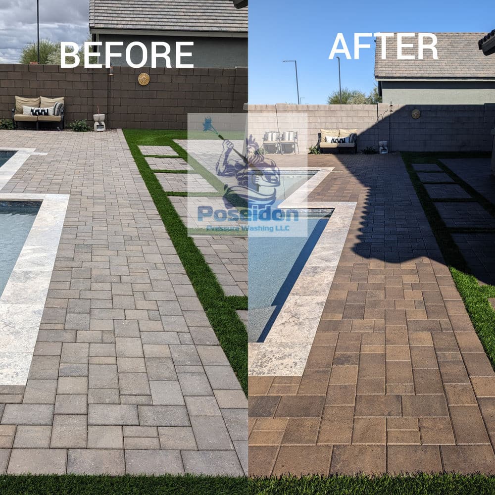 Before and after images of a patio cleaning, showcasing improved stone paver appearance.
