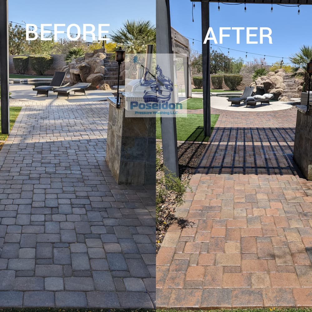 Before and after comparison of a paved walkway, showcasing a clean, renovated surface.