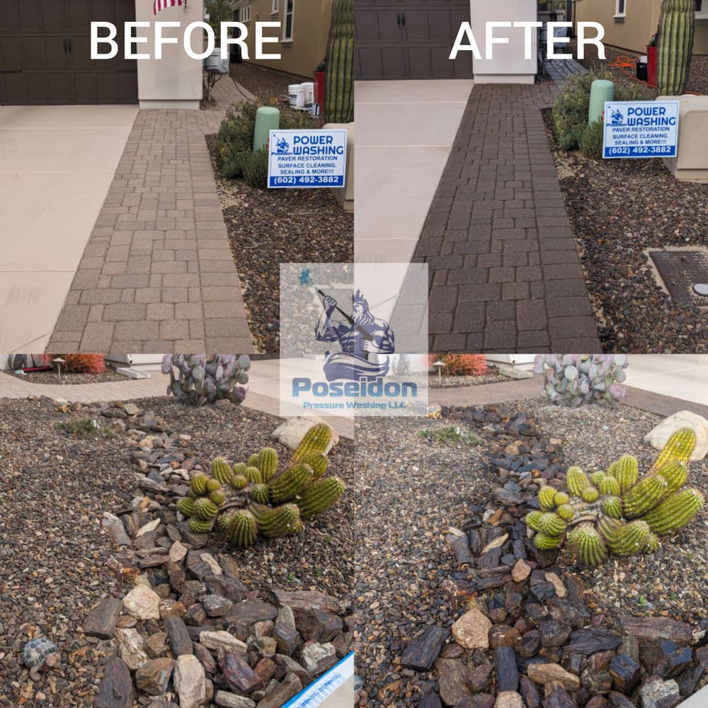 Before and after photos showcasing a pressure washing service by Poseidon Pressure Washing, LLC.