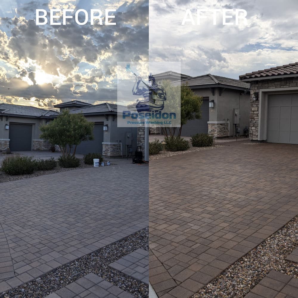 Before and after comparison of a driveway transformation with paver stones by Poseidon Pressuring LLC.