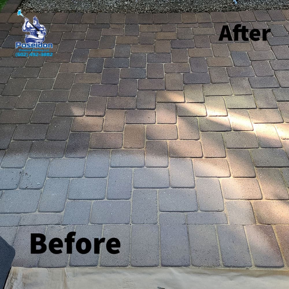 Before and after comparison of a cleaned and restored brick paver surface, highlighting transformation.