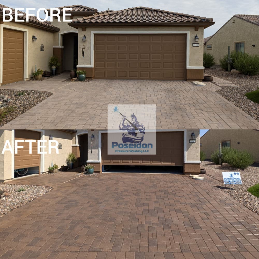 Before and after pressure washing transformation of a driveway by Poseidon Pressure Washing LLC.