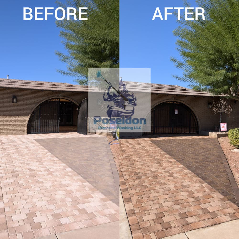 Before and after comparison of a brick paver driveway cleaned by Poseidon Power Washing LLC.