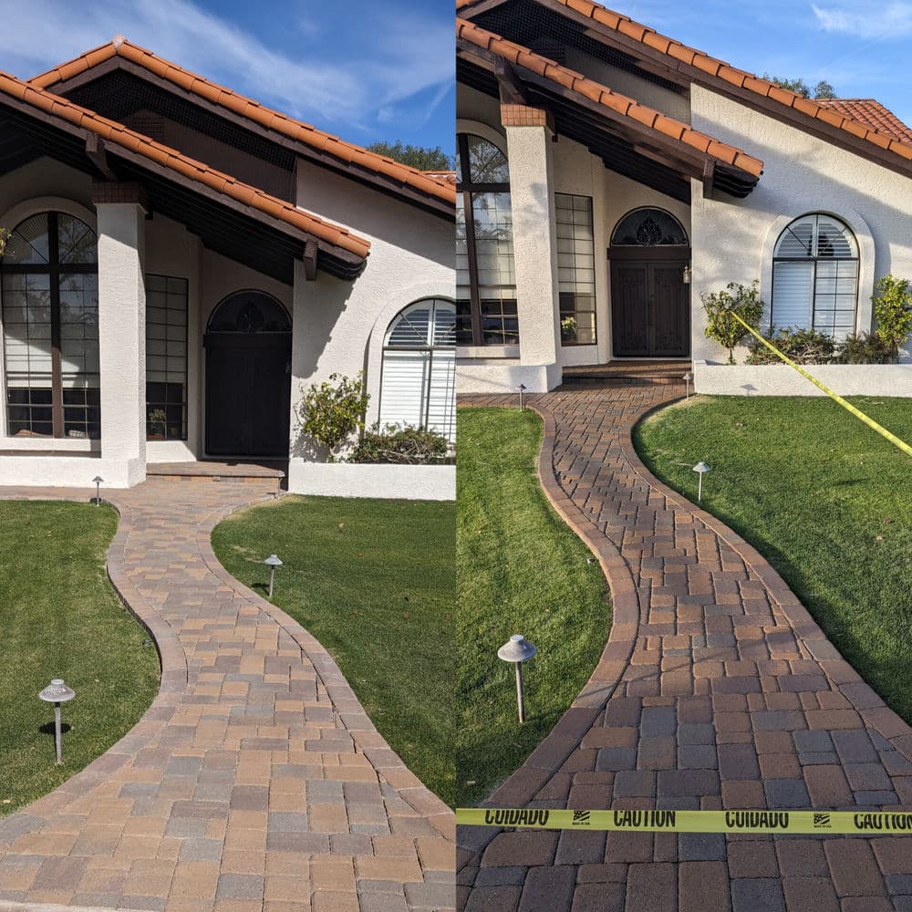 Before and after walkway renovation featuring pavers and landscaped front yard.