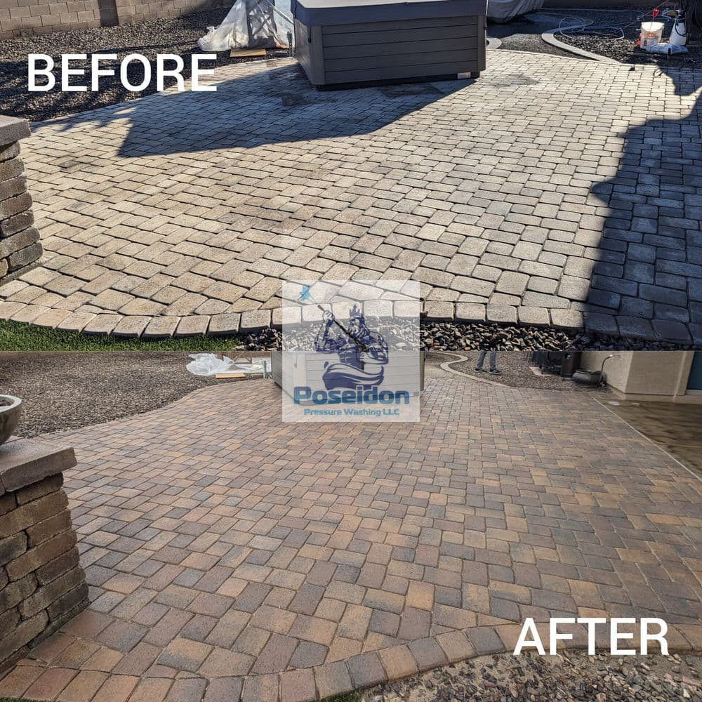 Before and after comparison of a patio transformation by Poseidon Pressure Washing.