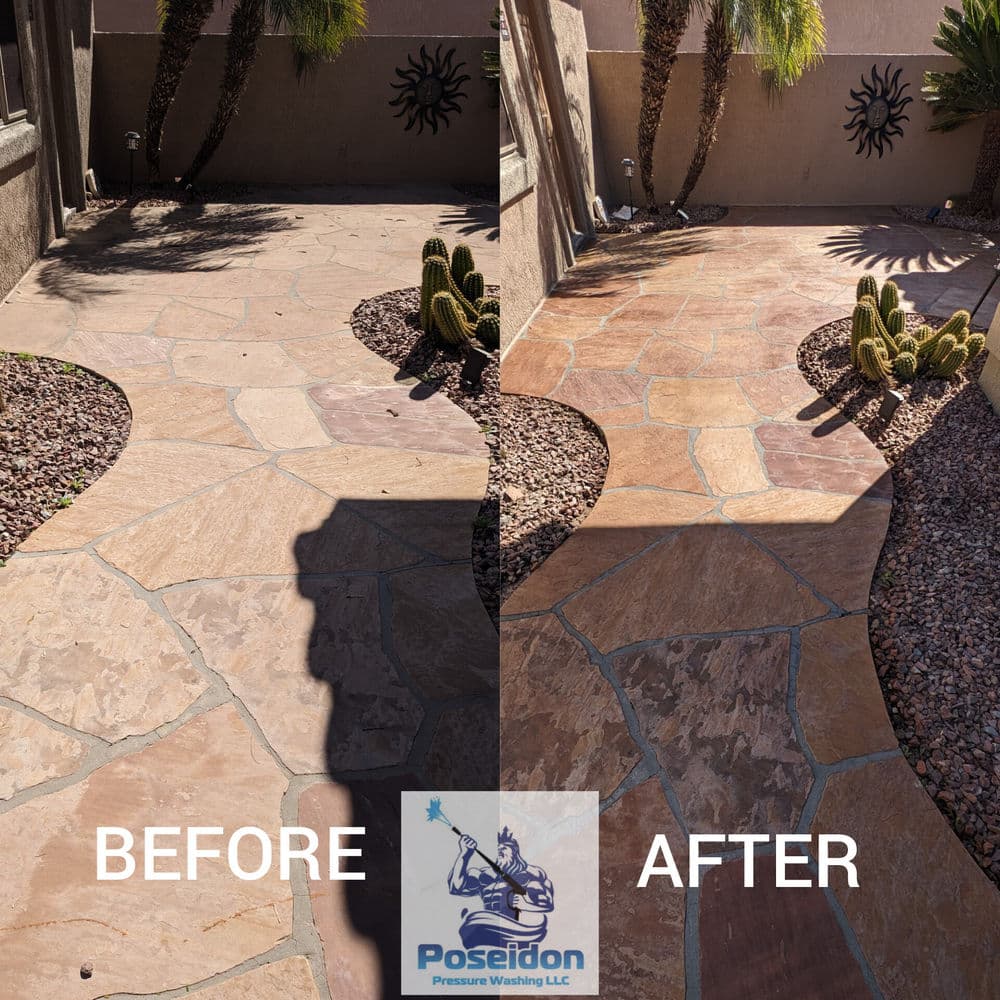 Before and after of a cleaned patio with stone pavers and cacti, showcasing pressure washing results.