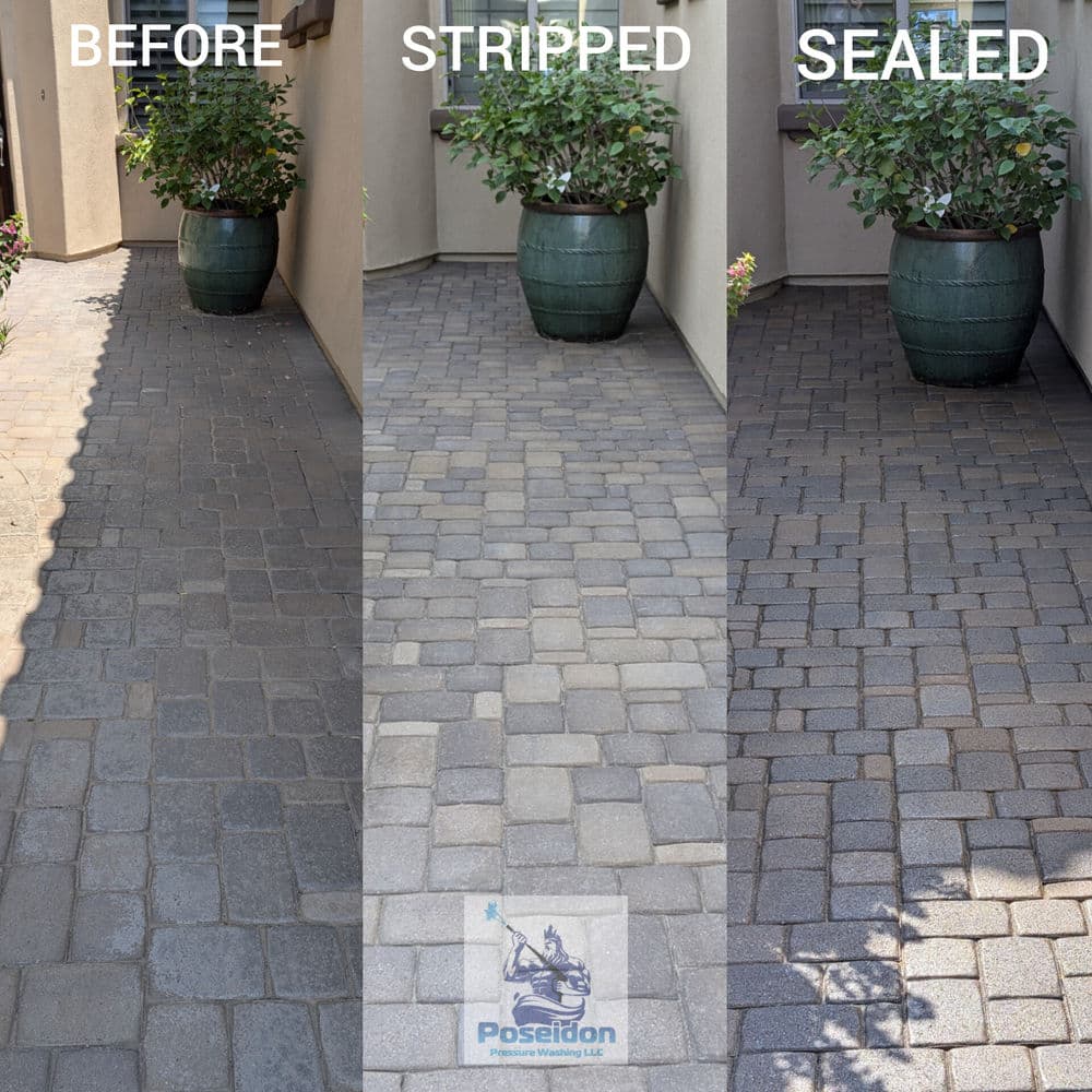 Before and after transformation of paver walkway: stripped and sealed for enhanced appearance.