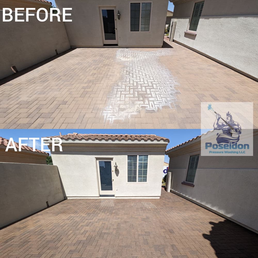 Before and after showing a clean paver patio from Poseidon Pressure Washing LLC.