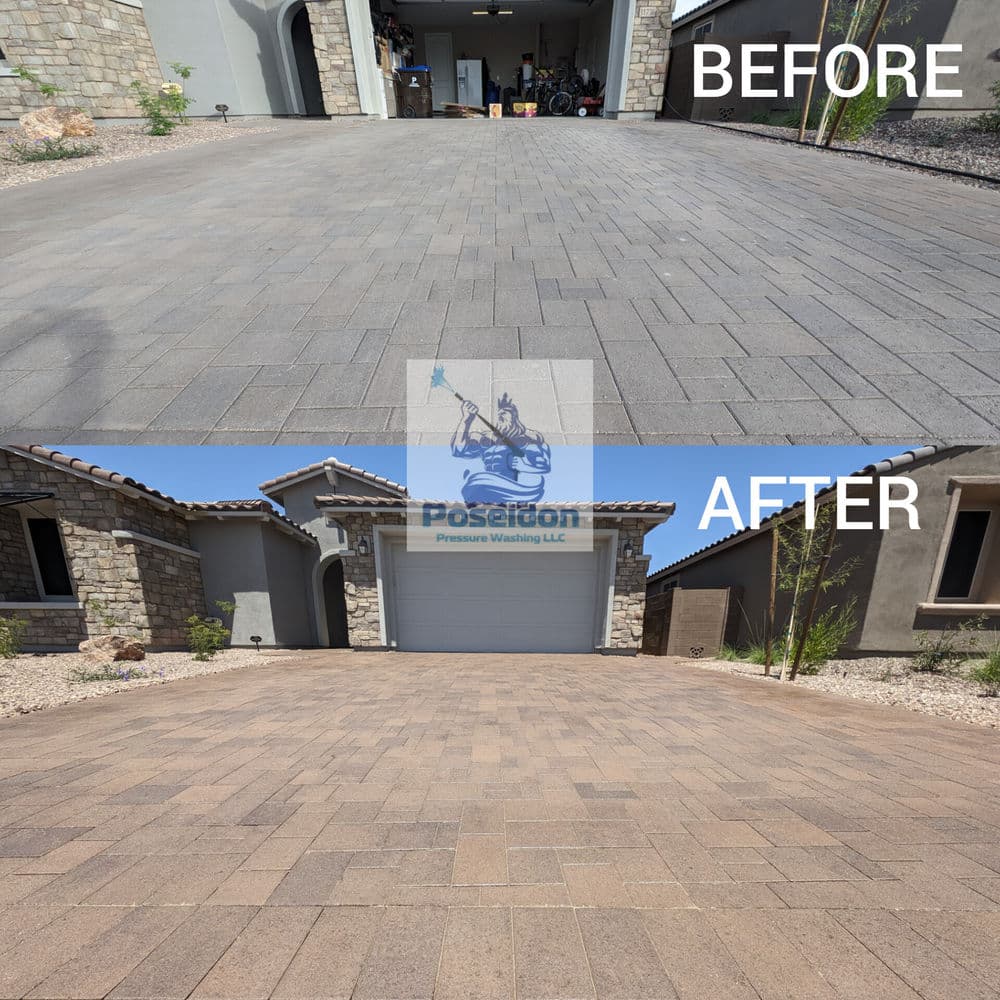Before and after image showcasing a clean, restored paver driveway by Poseidon Pressure Washing LLC.