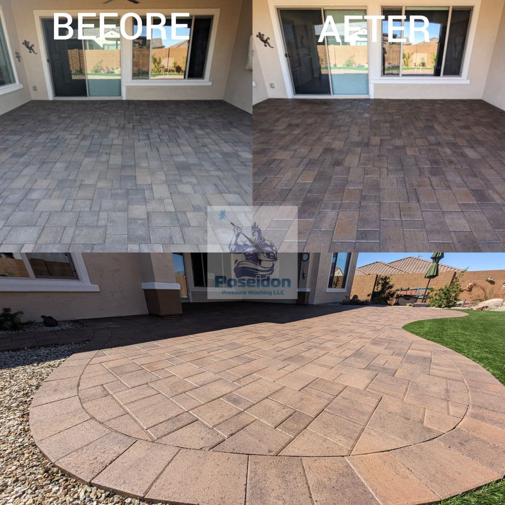 Before and after transformation of a paver patio, showcasing clean, refreshed surfaces.