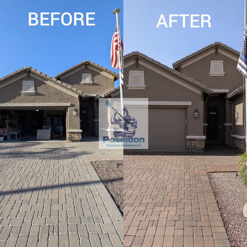 Before and after image of a house exterior cleaned by Poseidon Pressure Washing LLC.