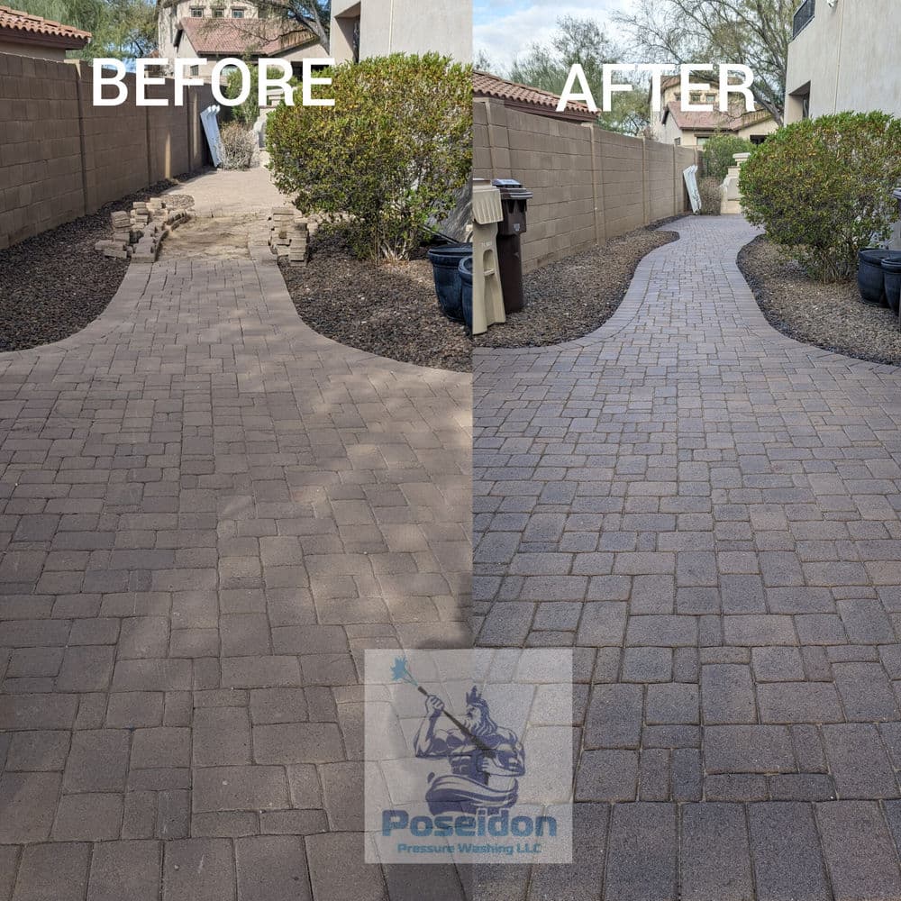 Transformative pressure washing results on a paver walkway, before and after comparison.