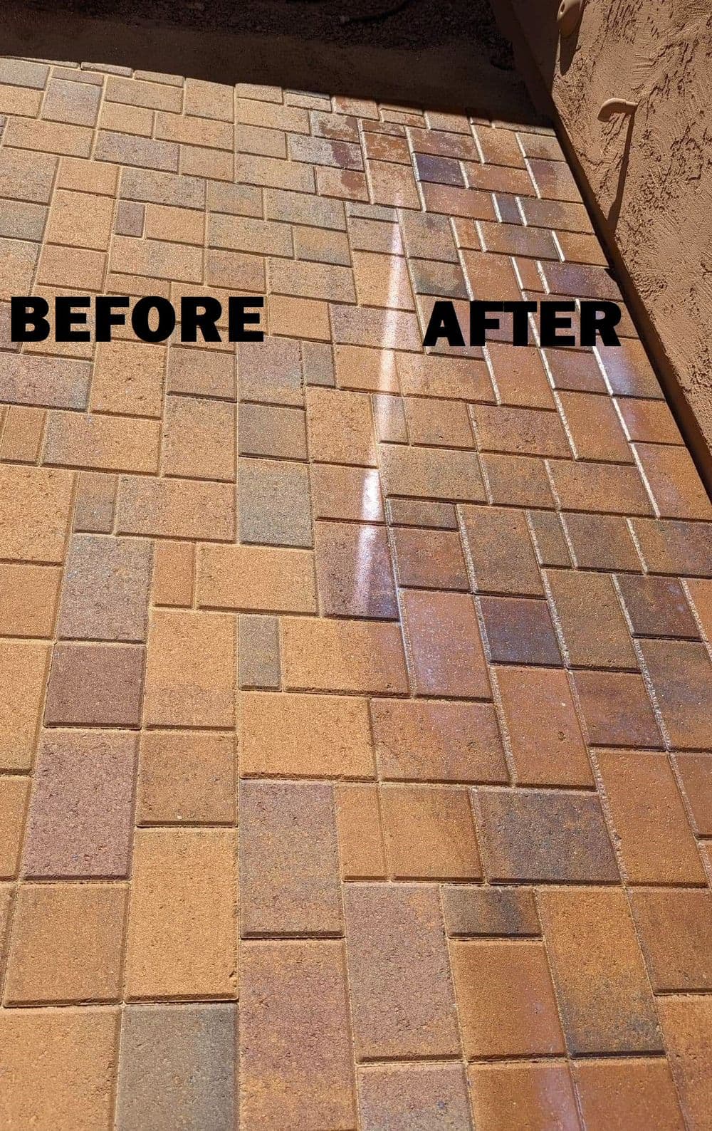 Before and after comparison of a cleaned stone pavement, showcasing enhanced brightness and clarity.