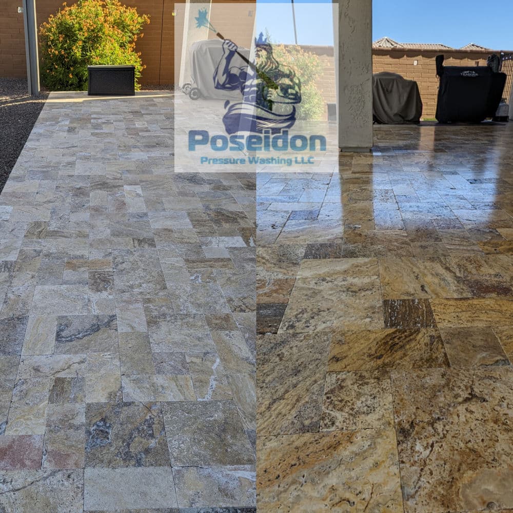 Before and after comparison of clean stone flooring, showcasing Posidon Pressure Washing services.