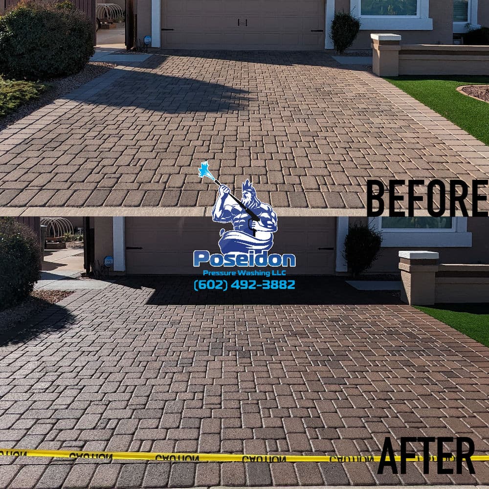 Before and after comparison of a pressure washed paver driveway by Poseidon Pressure Washing.