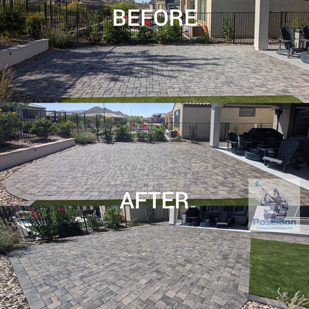Before and after transformation of a patio with paver stones, showcasing enhanced outdoor space.