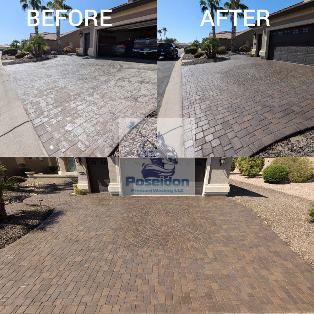 Before and after transformation of a paver driveway cleaned by Poseidon Pressure Washing.