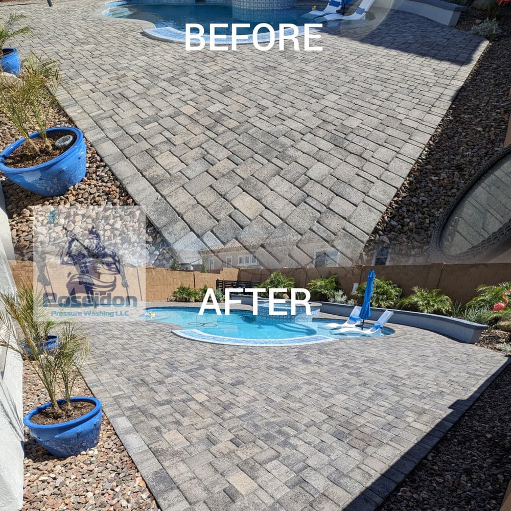 Before and after comparison of a cleaned patio with pavers, pool, and decorative plants.