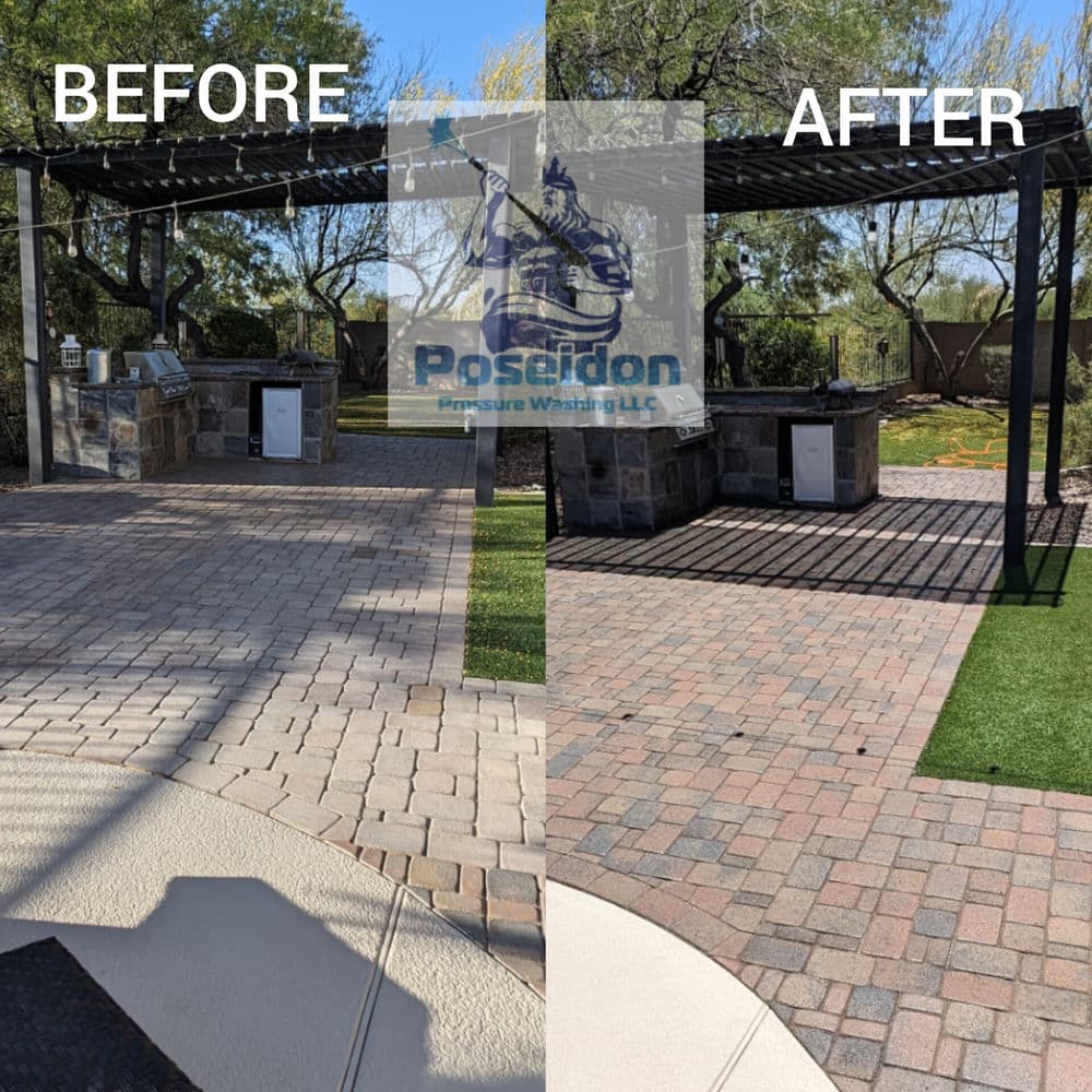 Before and after photos of a cleaned outdoor kitchen area with pergola, by Poseidon Pressure Washing.