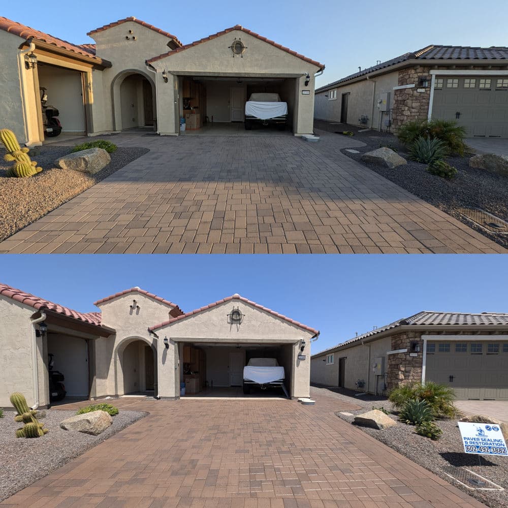 Before and after comparison of a driveway renovation with pavers and landscaping in a home exterior.