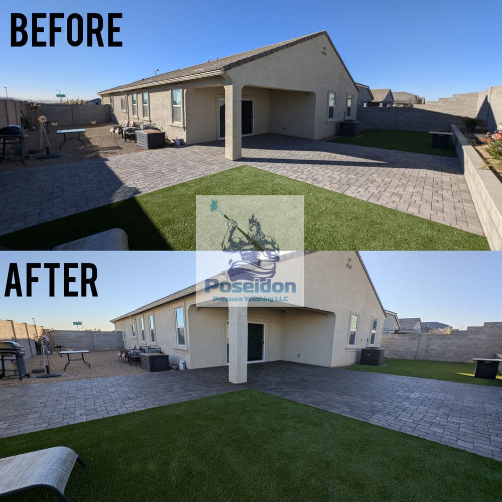 Backyard transformation: patio renovation with artificial grass and new pavers, before and after.