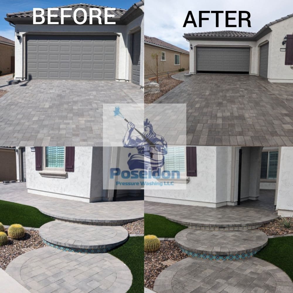 Before and after pressure washing transformation of a driveway and patio.