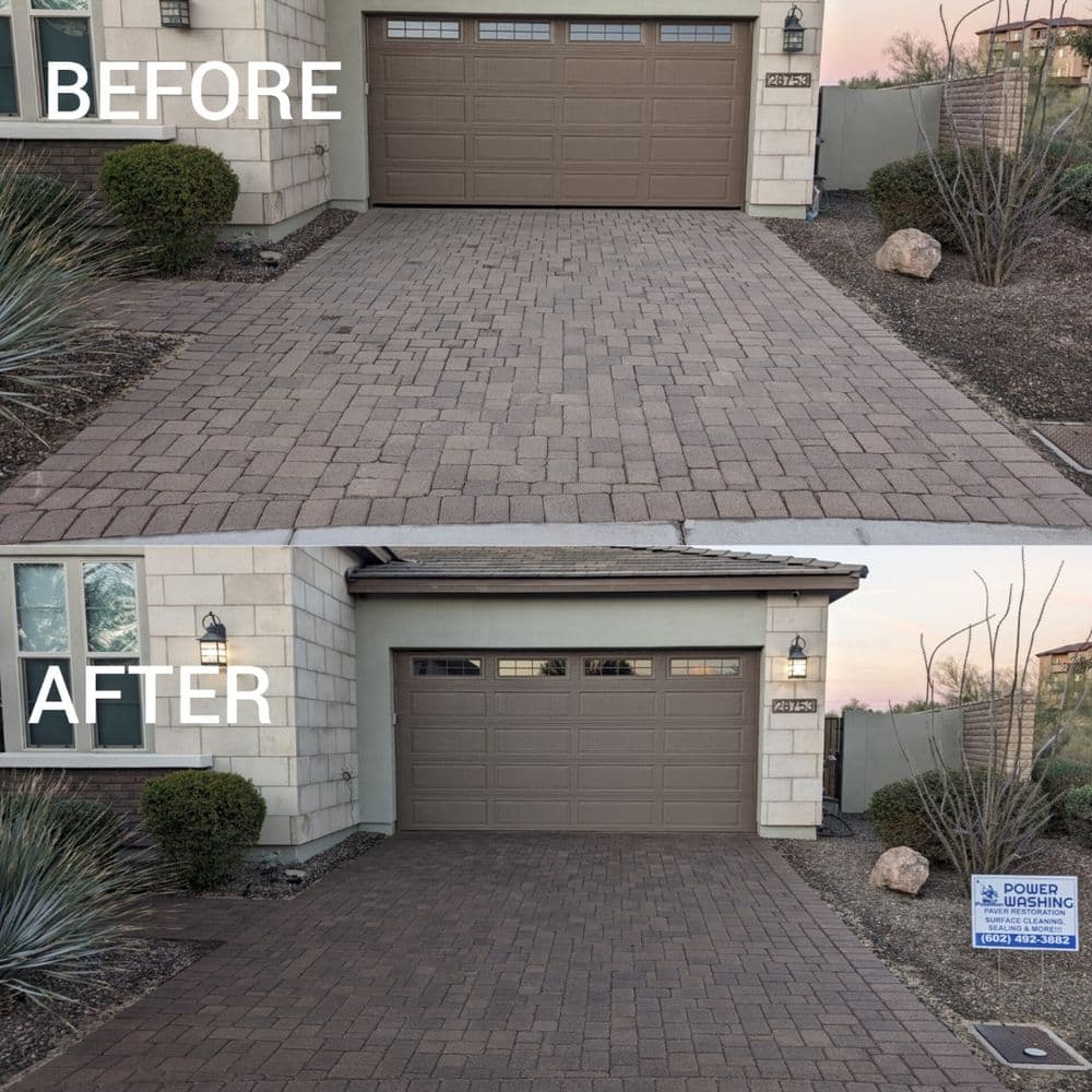 Before and after images of a renovated driveway, showcasing improved appearance and landscaping.