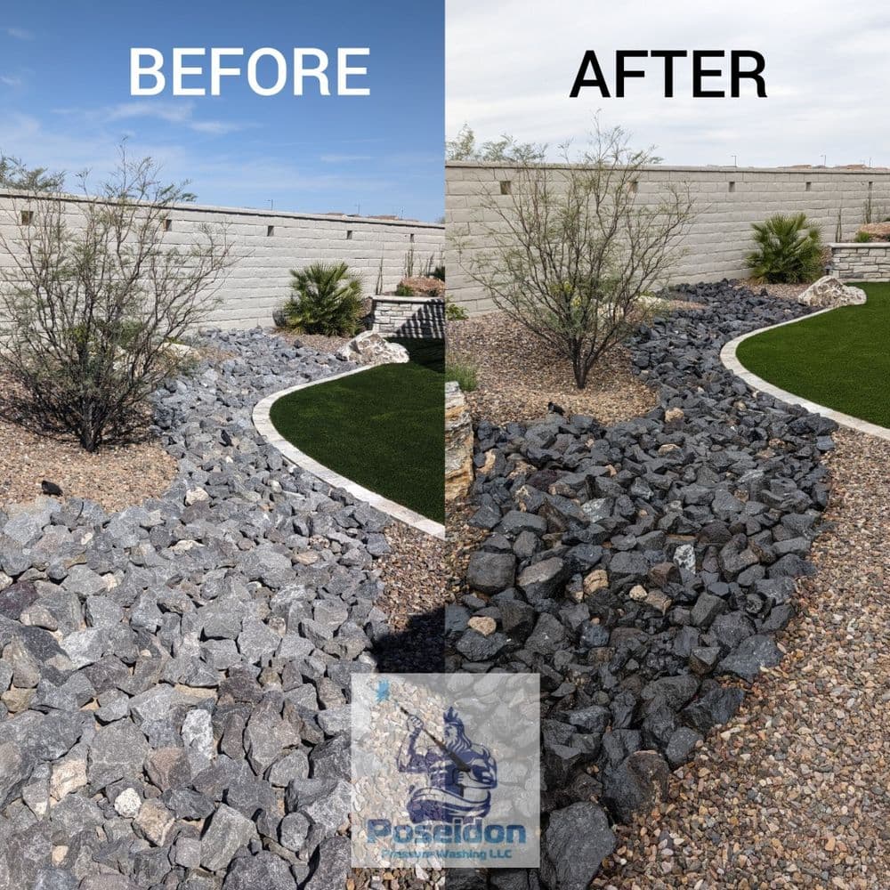 Landscape transformation with new rock features in a desert garden, enhancing outdoor aesthetics.
