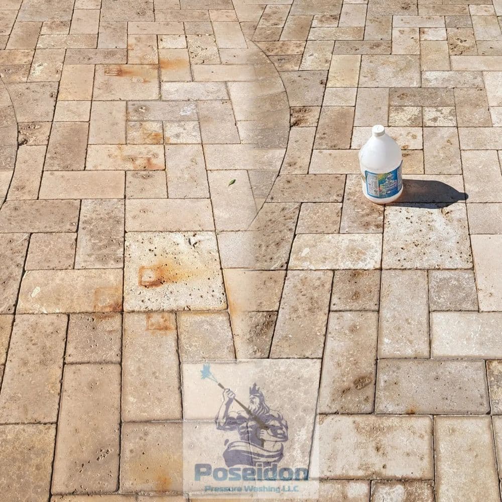 Before and after pressure washing paver patio with cleaning solution bottle visible.