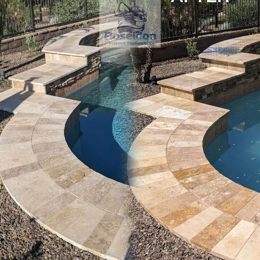 Curved stone pathway beside a serene swimming pool in a landscaped backyard.