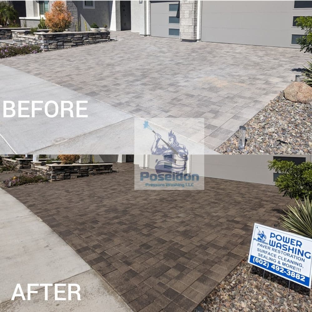 Before and after comparison of a paver driveway cleaning by Poseidon Premium Washing LLC.